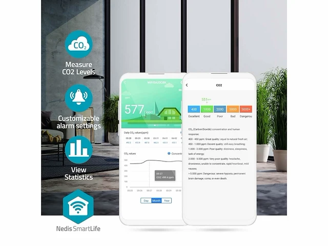 Nedis smartlife luchtkwaliteitsmonitor wifi inclusief display koolstofdioxide (co2) temperatuur vochtigheid android ios wit zwart - afbeelding 3 van  4