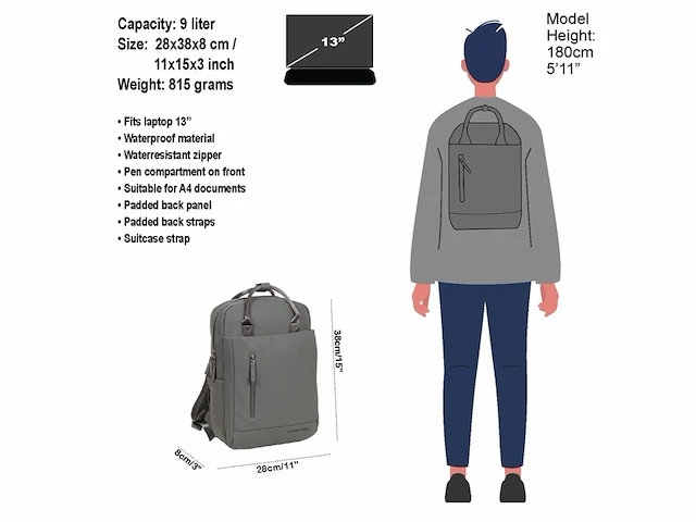 New rebels unisex harper miami rugzak 9l waterdichte 13 inch laptopvak antraciet - afbeelding 4 van  4