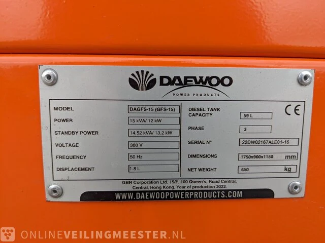 Noodstroomaggregaat deawoo, dagfs-15, oranje, bouwjaar 2022 - afbeelding 17 van  18