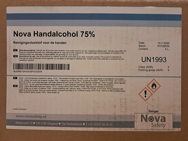 (ns materiaal) 11x doos a 5l jerrycan met reinigingsvloeistof, nova, handalcohol 75%, 2020 - afbeelding 3 van  3