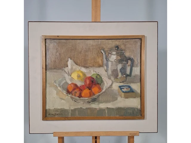 Olieverf schilderij, w.p.m.v. dinther, stilleven met appelen en koffiepot, 1975 - afbeelding 1 van  10