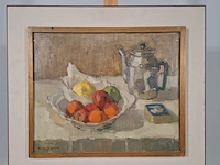 Olieverf schilderij, w.p.m.v. dinther, stilleven met appelen en koffiepot, 1975 - afbeelding 1 van  10