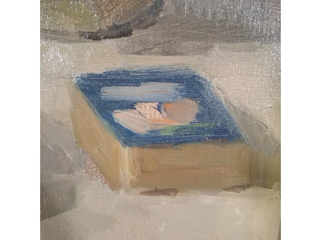 Olieverf schilderij, w.p.m.v. dinther, stilleven met appelen en koffiepot, 1975 - afbeelding 3 van  10
