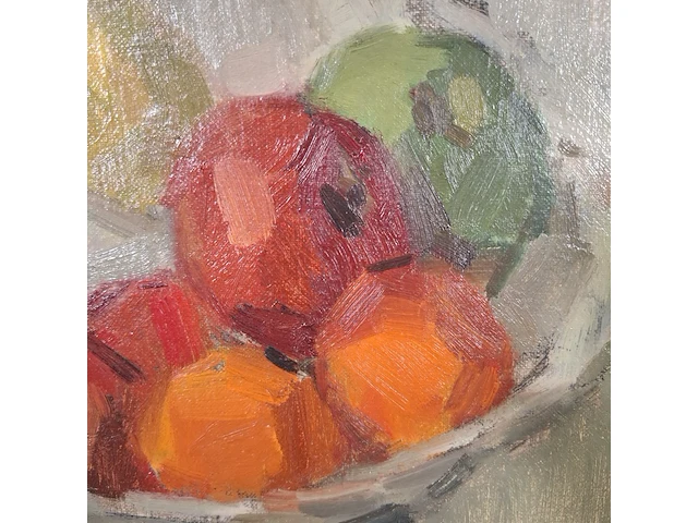 Olieverf schilderij, w.p.m.v. dinther, stilleven met appelen en koffiepot, 1975 - afbeelding 4 van  10
