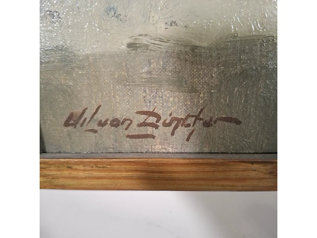 Olieverf schilderij, w.p.m.v. dinther, stilleven met appelen en koffiepot, 1975 - afbeelding 6 van  10