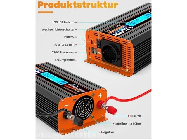 Omvormer 12v naar 230v zuivere sinus - 1200w auto spanning - afbeelding 2 van  4
