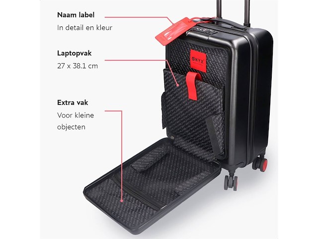 Onyx handbagage koffer 35 liter spinner wielen lichtgewicht trolley met dubbel tsa slot handig voorvak 55 cm zwart - afbeelding 3 van  6