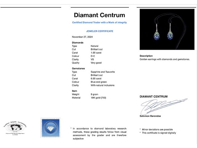 Oorhangers van 18 carats goud met diamanten en blauwe saffieren - afbeelding 3 van  9