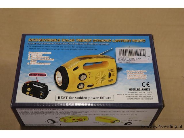 Oplaadbare solar trendy dynamo zaklamp/radio | model gm725 | nieuw in doos - afbeelding 2 van  7