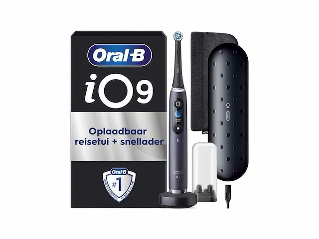 Oral-b io 9 elektrische tandenborstel - zwart - bluetooth verbonden, 1 opzetborstel, 1 oplader reisetui, 1 magnetisch etui - afbeelding 1 van  2