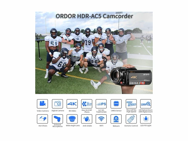 Ordro 4k camcorder ultra 1080p 60fps video vlog camera 12x optische lens 3.1'' ips touchscreen wifi digitale recorder - afbeelding 2 van  4