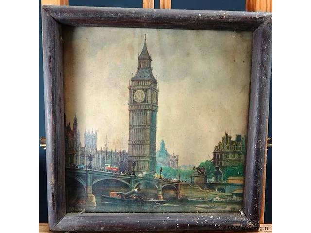 Oude druk big ben in houten lijst - afbeelding 2 van  5