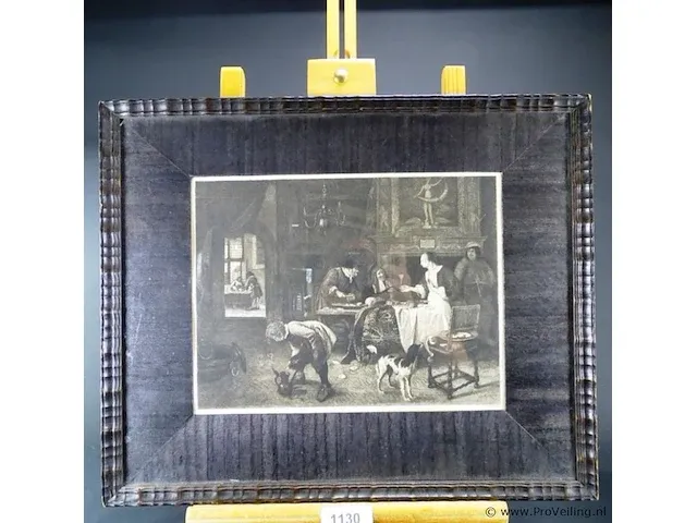 Oude druk jan steen in houten lijst en passe-partout en achter oud glas - afbeelding 1 van  5