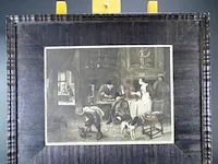 Oude druk jan steen in houten lijst en passe-partout en achter oud glas - afbeelding 1 van  5