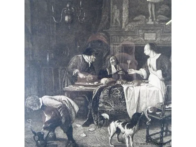 Oude druk jan steen in houten lijst en passe-partout en achter oud glas - afbeelding 2 van  5