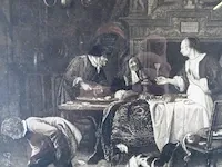 Oude druk jan steen in houten lijst en passe-partout en achter oud glas - afbeelding 2 van  5