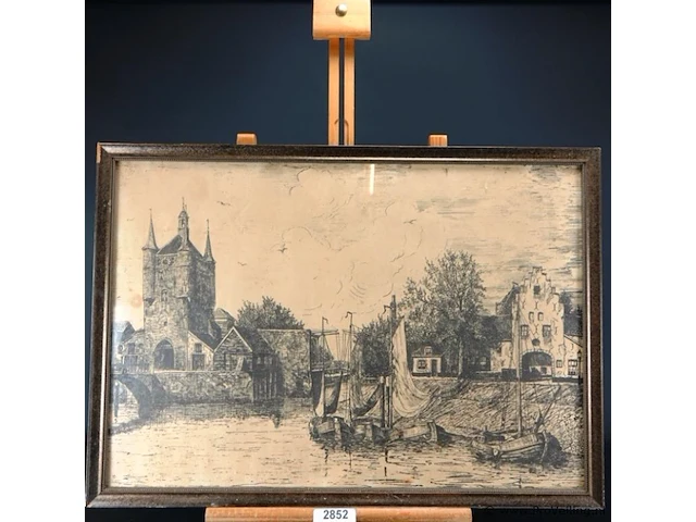 Oude/antieke ets zierikzee gesigneerd - afbeelding 1 van  5