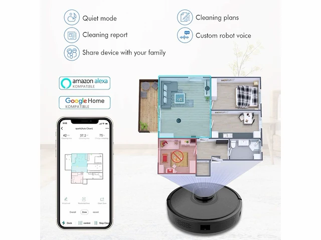 Ozeanos otvcr1 stofzuigerrobot met dweilfunctie google home, compatibel met alexa, 32 w, 600 ml zwart - afbeelding 3 van  5