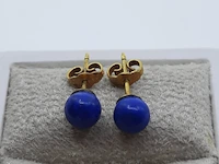 Paar gouden oorstekers met lapis lazuli steen, 18 karaats - afbeelding 2 van  6