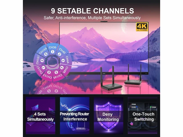 Pakite draadloze hdmi zender en ontvanger 4k hdmi loop out ir remote extender 250 m/820ft 9 kanalen 1 tx tot 3 rxs streaming video van stb laptop pc netflix youtube naar tv projector - afbeelding 3 van  5