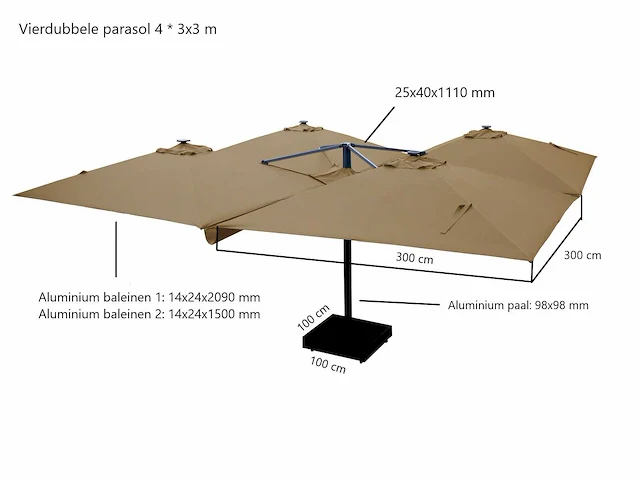 Parasol - paralux - vierdubbel hangend - zweefparasol - afbeelding 4 van  10