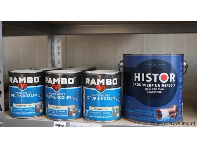 Partij diverse rambo beits, deur en kozijn en histor grondverf - 7 blikken á 750ml/2,5ltr - afbeelding 1 van  8