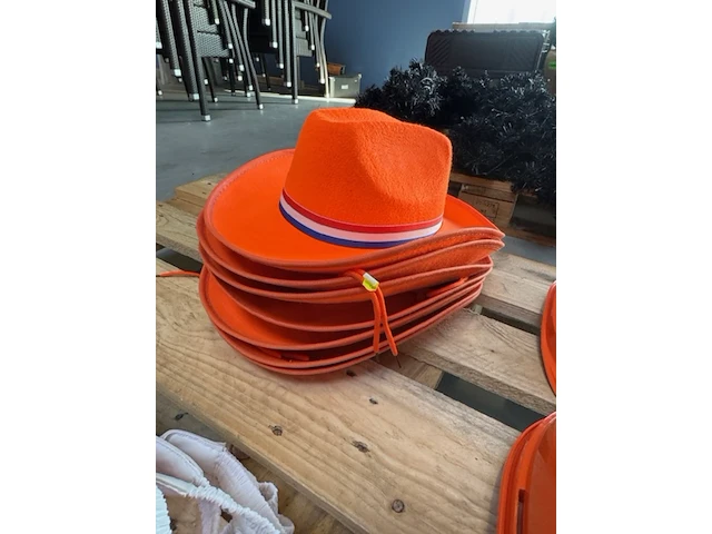 Partij oranje hoeden, zonnekleppen en bouwhelmen - afbeelding 3 van  4
