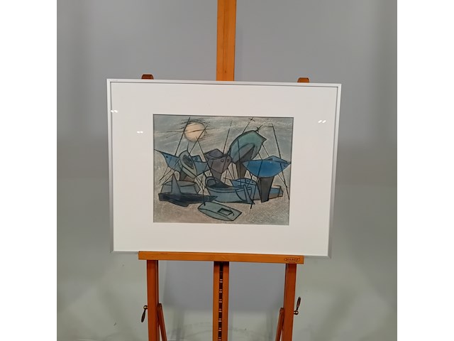 Pasteltekening in lijst, j. visser, schepen op de rivier - afbeelding 1 van  6