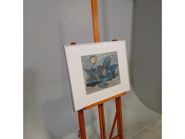 Pasteltekening in lijst, j. visser, schepen op de rivier - afbeelding 2 van  6