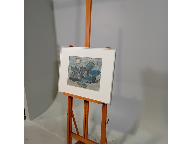 Pasteltekening in lijst, j. visser, schepen op de rivier - afbeelding 3 van  6