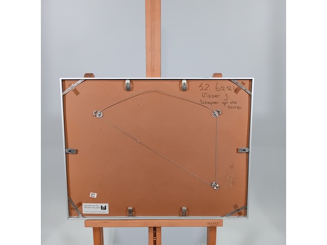 Pasteltekening in lijst, j. visser, schepen op de rivier - afbeelding 6 van  6