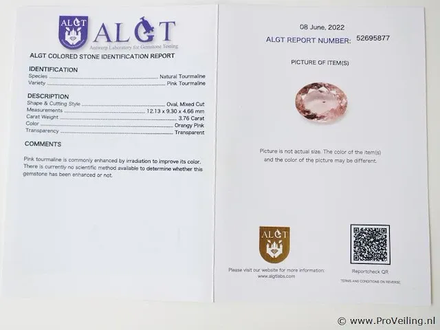 Pink tourmaline 3.76ct algt certified - afbeelding 8 van  8