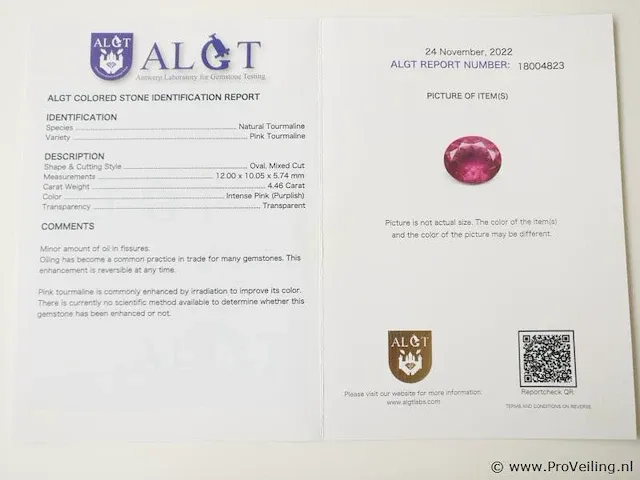 Pink tourmaline 4.46ct algt certified - afbeelding 8 van  8