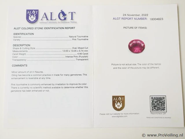 Pink tourmaline 4.46ct algt certified - afbeelding 4 van  4