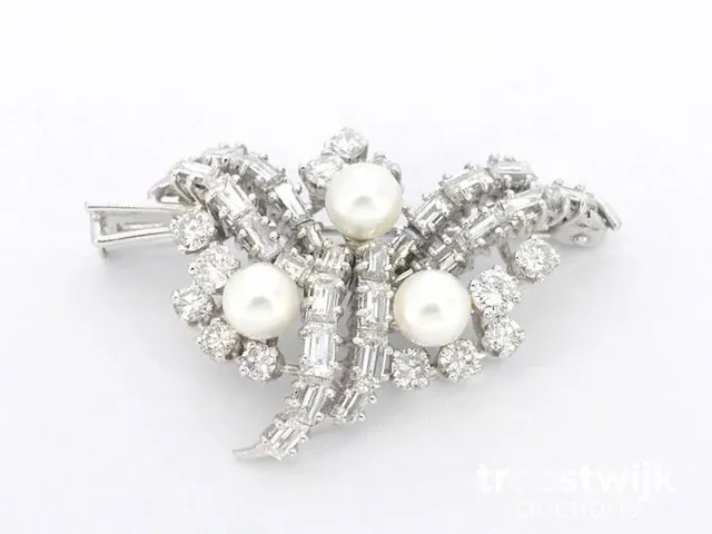 Platina broche met diamanten en parels - afbeelding 2 van  6
