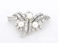 Platina broche met diamanten en parels - afbeelding 2 van  6
