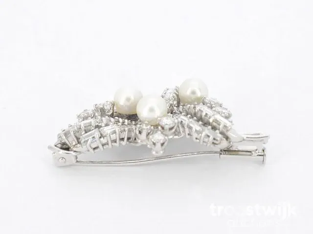 Platina broche met diamanten en parels - afbeelding 3 van  6