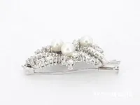 Platina broche met diamanten en parels - afbeelding 3 van  6