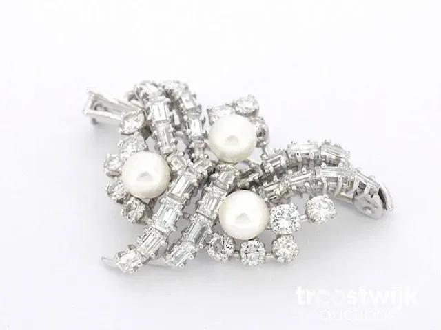 Platina broche met diamanten en parels - afbeelding 5 van  6