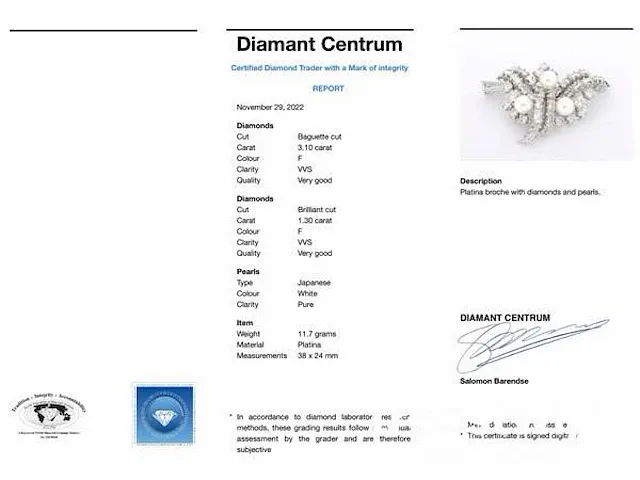 Platina broche met diamanten en parels - afbeelding 6 van  6