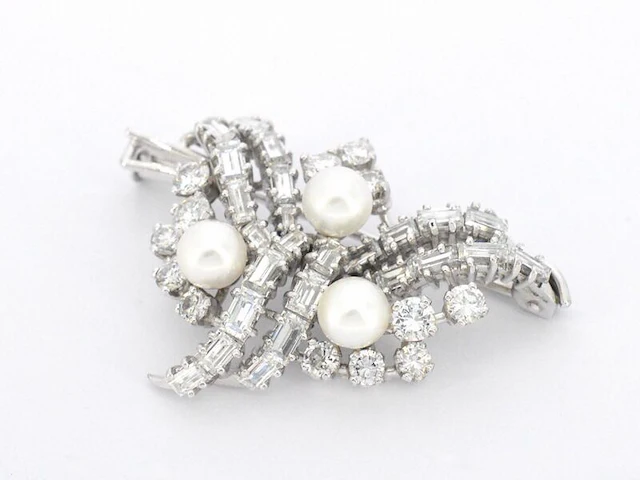 Platina broche met diamanten en parels - afbeelding 5 van  7