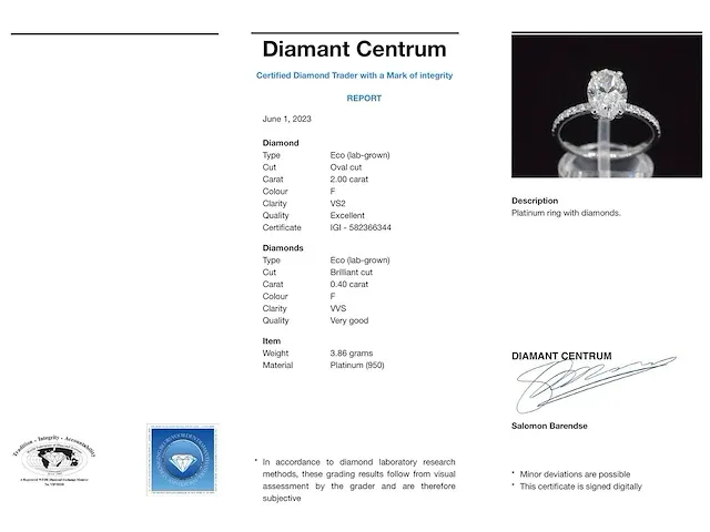 Platina ring met 2.40 carat aan diamanten (gecertificeerd) - afbeelding 5 van  11