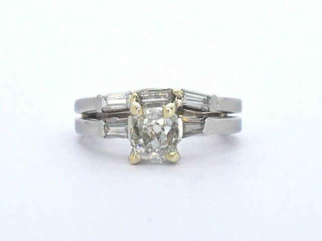 Platina ring met antiek geslepen diamant en hoge kwaliteit baguette geslepen diamanten - afbeelding 6 van  7