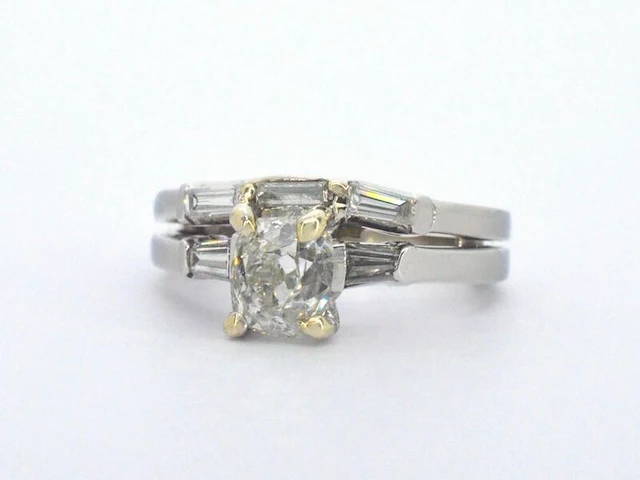 Platina ring met antiek geslepen diamant en hoge kwaliteit baguette geslepen diamanten - afbeelding 7 van  7