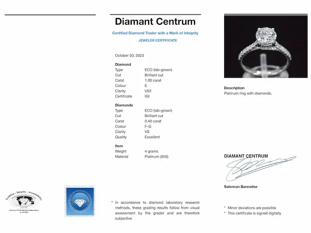 Platina solitair ring met een 1.00 carat briljant geslepen diamant - afbeelding 9 van  9
