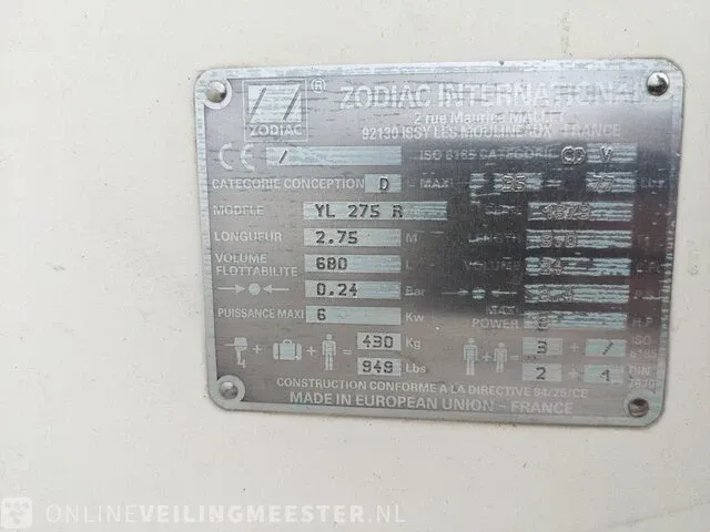 Polyester rib boot met trailer zodiac, yachtline yl 275 r, wit - afbeelding 13 van  26