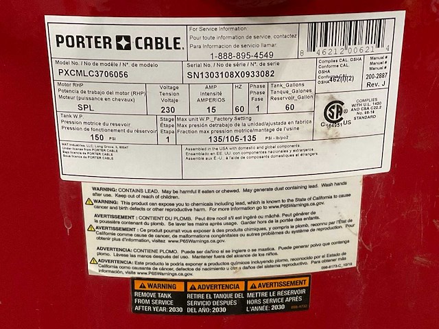 Porter cable pxcmlc3706056 luchtcompressor - afbeelding 7 van  8