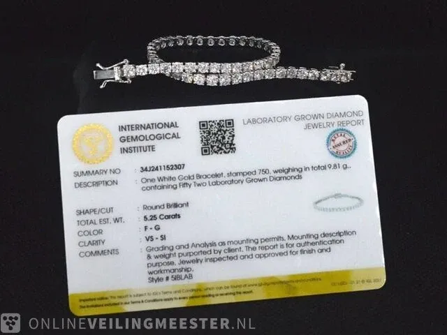 Prachtige witgouden tennis armband met 52 diamanten 5.25 ct (gecertificeerd) - nieuw - afbeelding 3 van  8