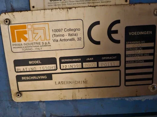 Prima power - platino 1530 hs - lasersnijmachine - 2003 - afbeelding 7 van  12