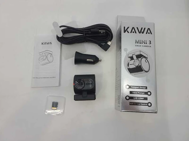 Professionele dashcam kawa, mini 3, qhd 1296p - met voice prompt + wifi & app control - inclusief 32gb sd kaart, accessoires en handleiding - afbeelding 1 van  7